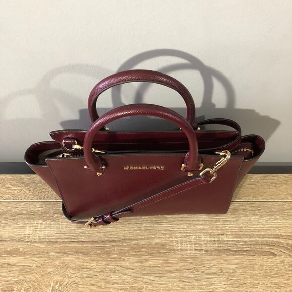 Michael Kors Selma Medium Saffiano Leather Merlot/Wine Satchel Crosbody Handbag - Picture 8 of 16
